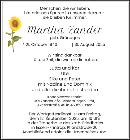 Traueranzeige von Martha Zander von Tageszeitung