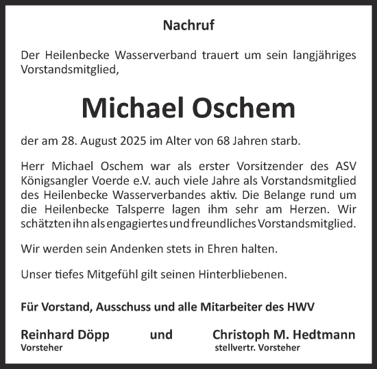 Traueranzeige von Michael Oschem von Tageszeitung