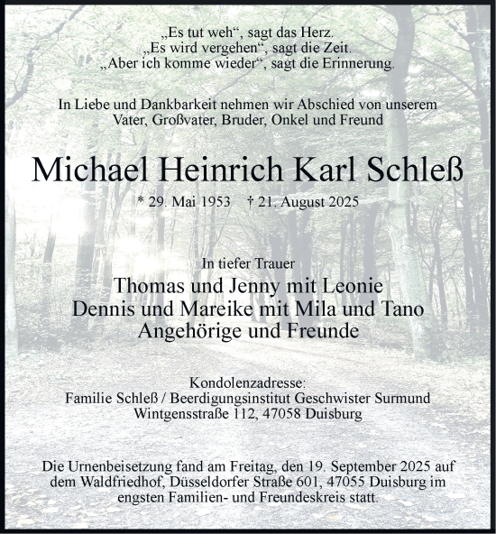 Traueranzeige von Michael Heinrich Karl Schleß von Tageszeitung