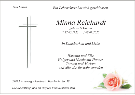 Traueranzeige von Minna Reichardt von Tageszeitung