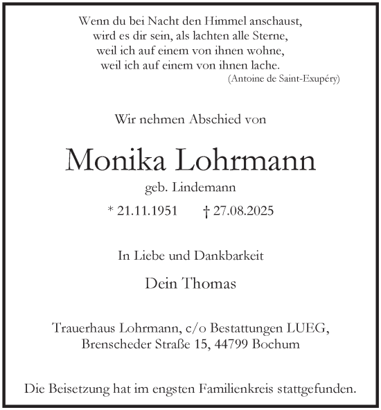 Traueranzeige von Monika Lohrmann von Tageszeitung
