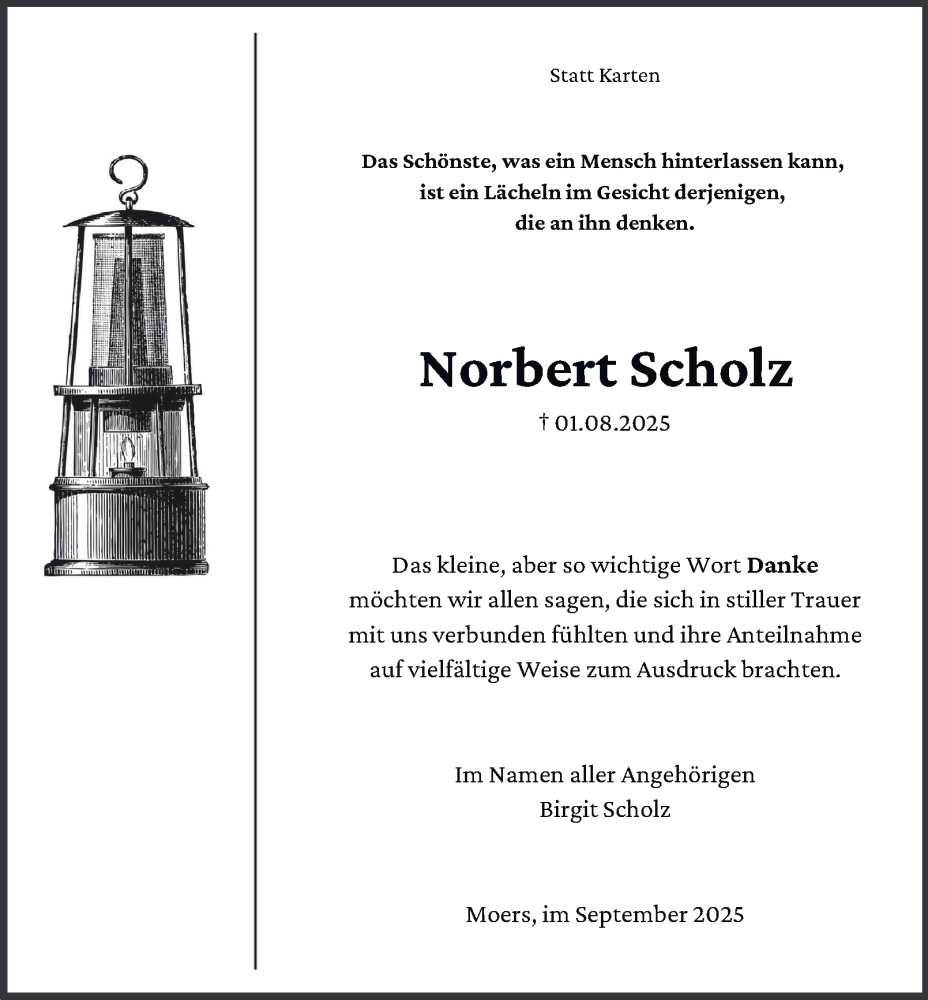  Traueranzeige für Norbert Scholz vom 06.09.2025 aus Tageszeitung