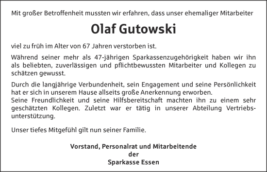 Traueranzeige von Olaf Gutowski von Tageszeitung