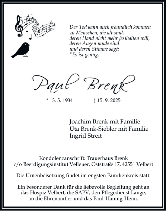 Traueranzeige von Paul Brenk von Tageszeitung
