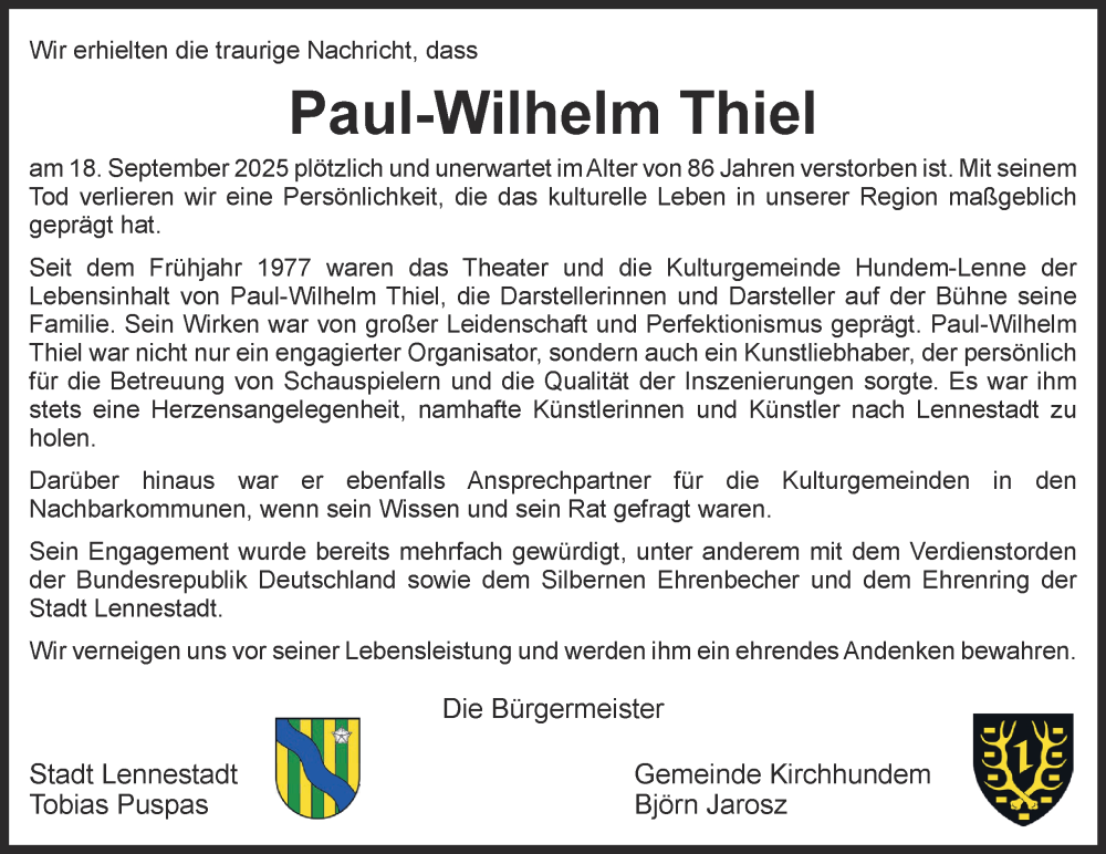 Traueranzeige für Paul-Wilhelm Thiel vom 27.09.2025 aus Tageszeitung