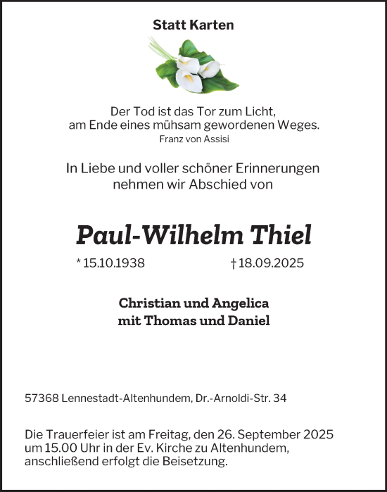 Traueranzeige von Paul-Wilhelm Thiel von Tageszeitung
