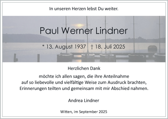 Traueranzeige von Paul Werner Lindner von Tageszeitung