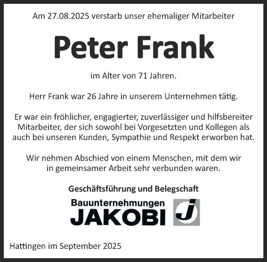 Traueranzeige von Peter Frank von Tageszeitung
