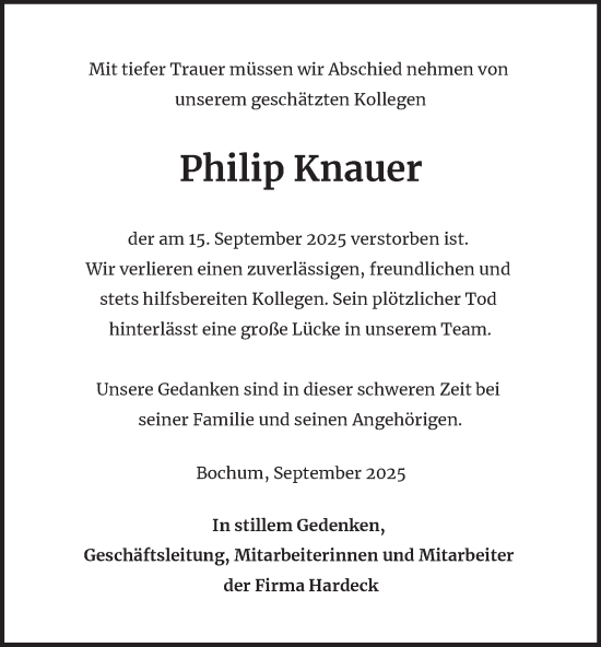 Traueranzeige von Philip Knauer von Tageszeitung