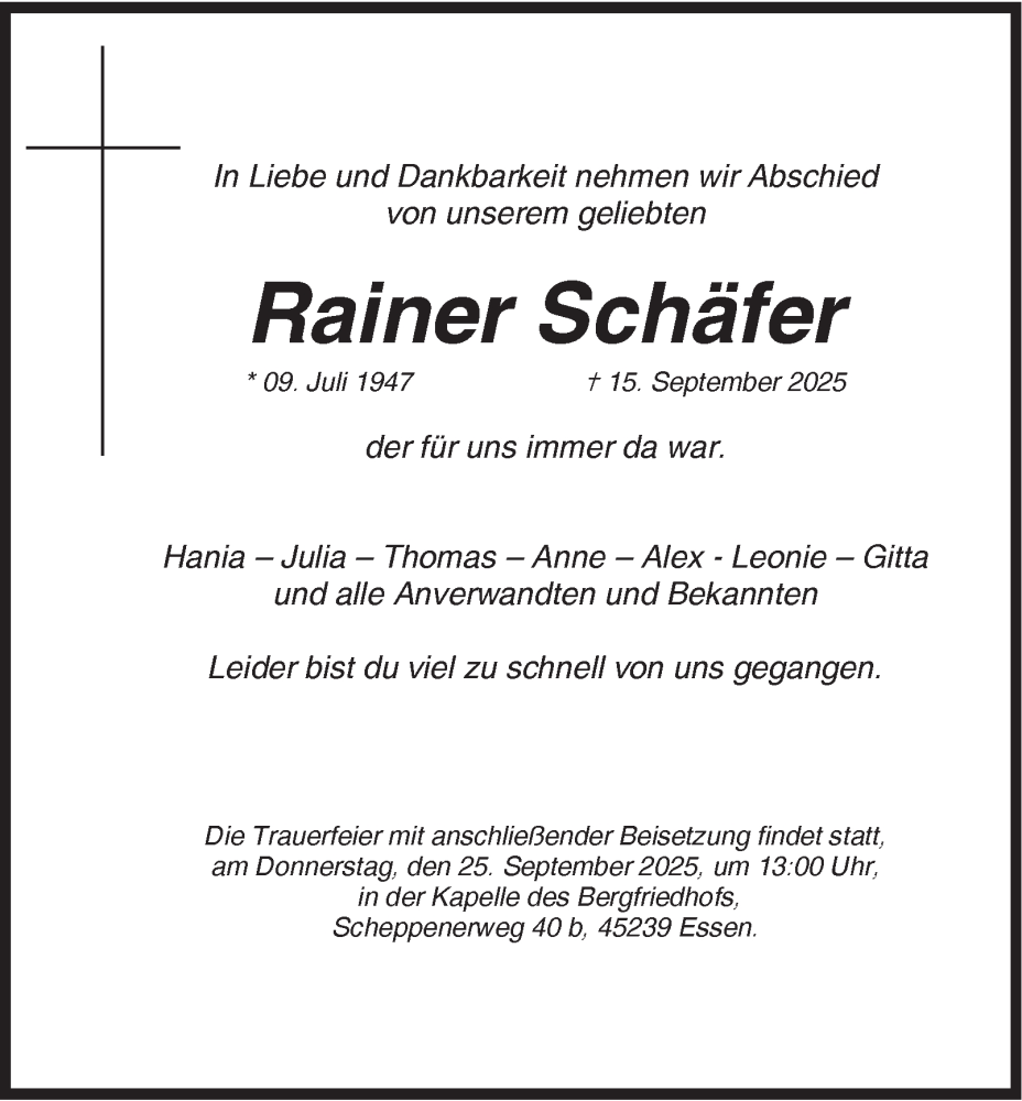  Traueranzeige für Rainer Schäfer vom 24.09.2025 aus Tageszeitung