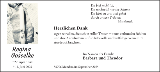Traueranzeige von Regina Gosselke von Tageszeitung