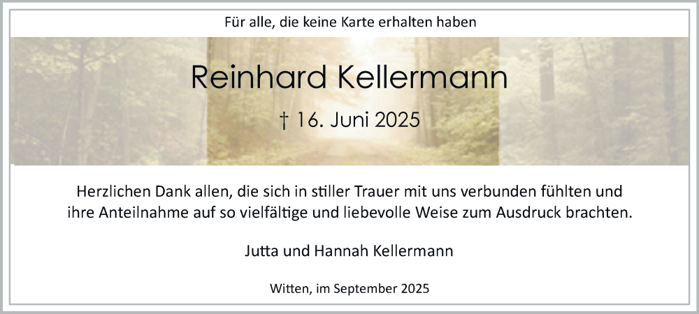  Traueranzeige für Reinhard Kellermann vom 06.09.2025 aus Tageszeitung
