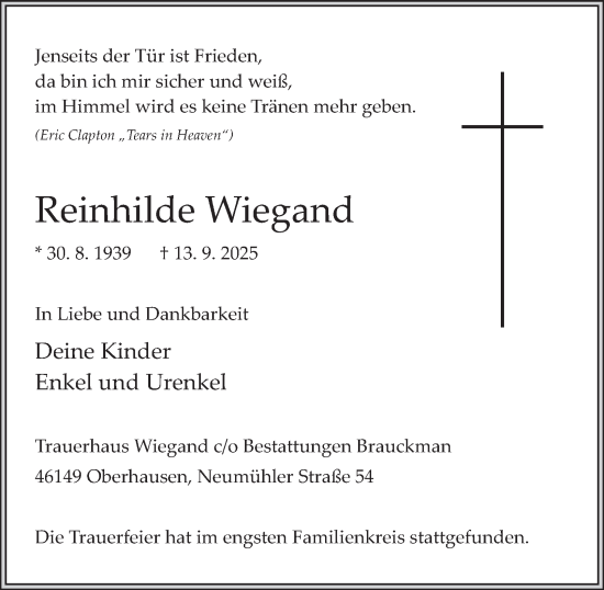 Traueranzeige von Reinhilde Wiegand von Tageszeitung