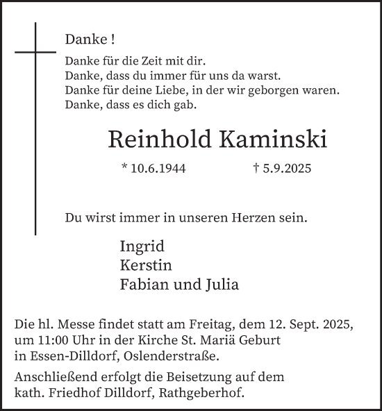 Traueranzeige von Reinhold Kaminski von Tageszeitung