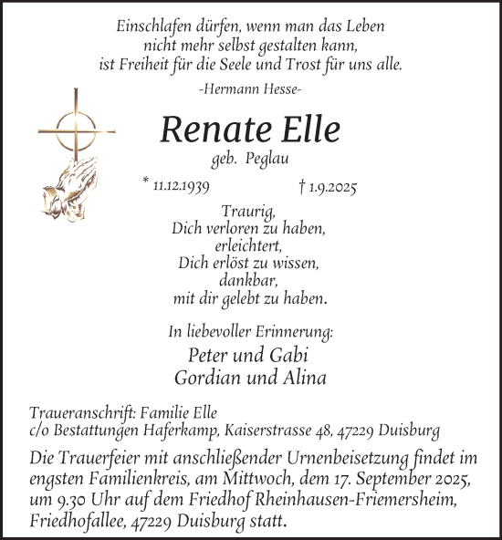 Traueranzeige von Renate Elle von Tageszeitung