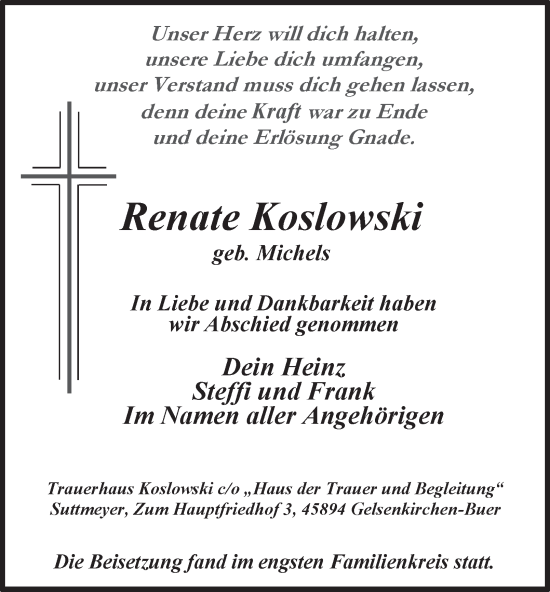 Traueranzeige von Renate Koslowski von Tageszeitung