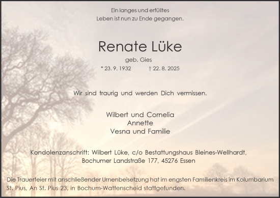 Traueranzeige von Renate Lüke von Tageszeitung