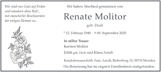 Traueranzeige von Renate Molitor von Tageszeitung