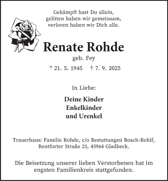 Traueranzeige von Renate Rohde von Tageszeitung