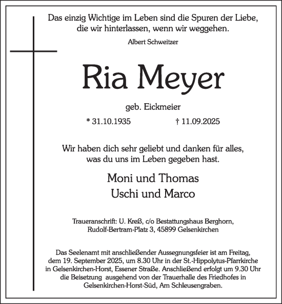 Traueranzeige von Ria Meyer von Tageszeitung