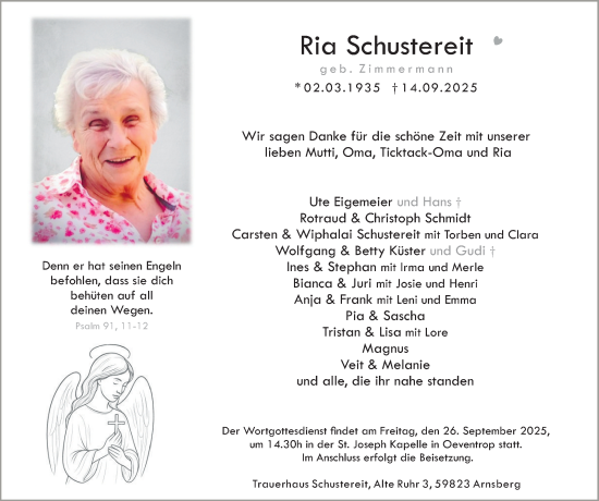 Traueranzeige von Ria Schustereit von Tageszeitung