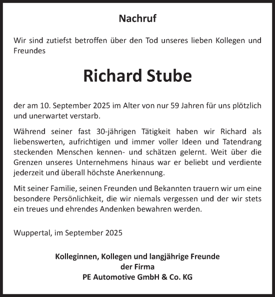 Traueranzeige von Richard Stube von Tageszeitung