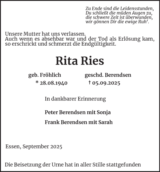 Traueranzeige von Rita Ries von Tageszeitung