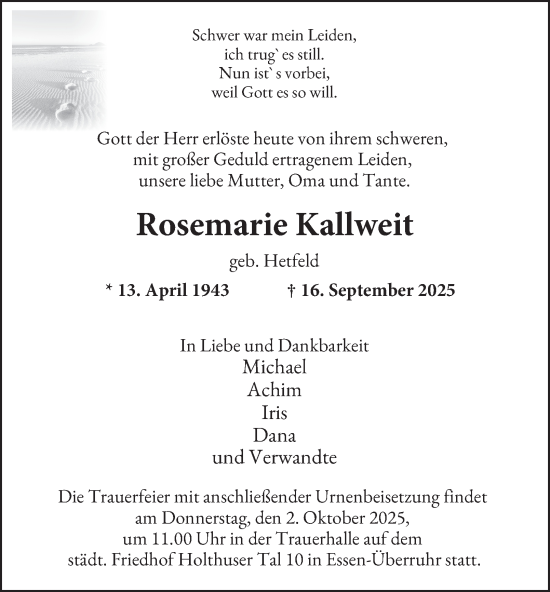 Traueranzeige von Rosemarie Kallweit von Tageszeitung