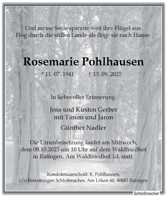 Traueranzeige von Rosemarie Pohlhausen von Tageszeitung