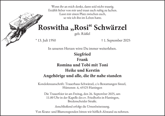 Traueranzeige von Roswitha Schwärzel von Tageszeitung