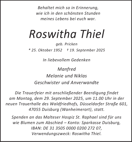 Traueranzeige von Roswitha Thiel von Tageszeitung