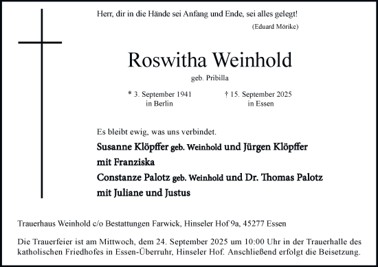 Traueranzeige von Roswitha Weinhold von Tageszeitung