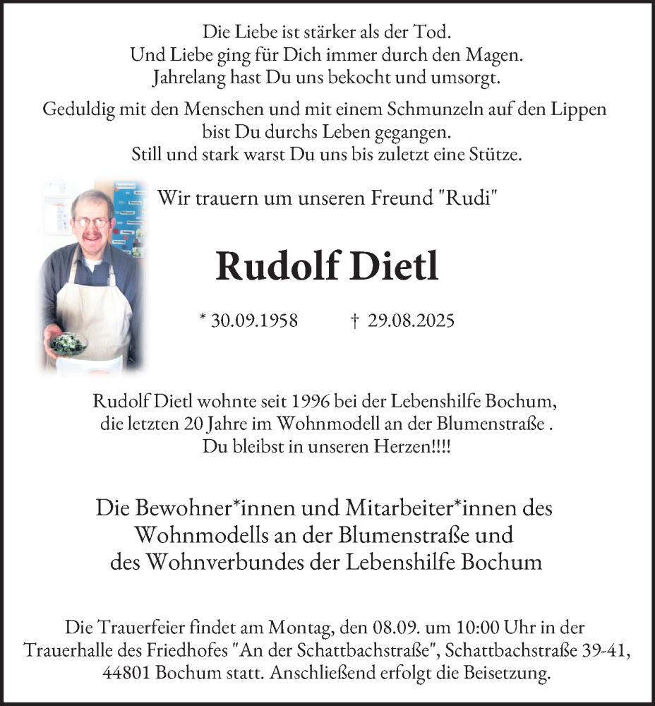  Traueranzeige für Rudolf Dietl vom 06.09.2025 aus Tageszeitung