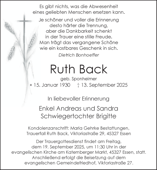 Traueranzeige von Ruth Back von Tageszeitung