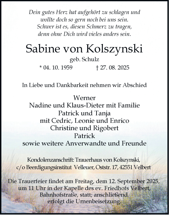 Traueranzeige von Sabine von Kolszynski von Tageszeitung