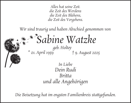 Traueranzeige von Sabine Watzke von Tageszeitung