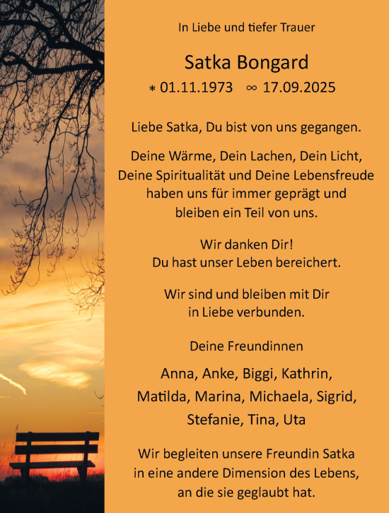 Traueranzeige von Satka Bongard von Tageszeitung