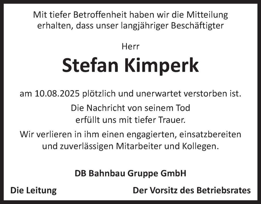  Traueranzeige für Stefan Kimperk vom 06.09.2025 aus Tageszeitung