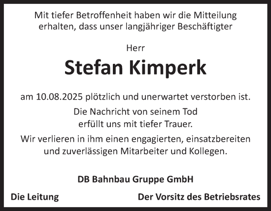 Traueranzeige von Stefan Kimperk von Tageszeitung