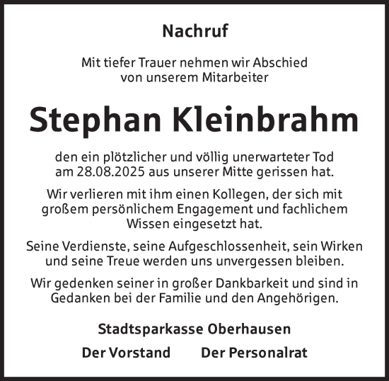 Traueranzeige von Stephan Kleinbrahm von Tageszeitung