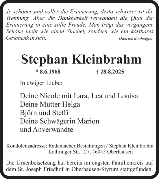 Traueranzeige von Stephan Kleinbrahm von Tageszeitung