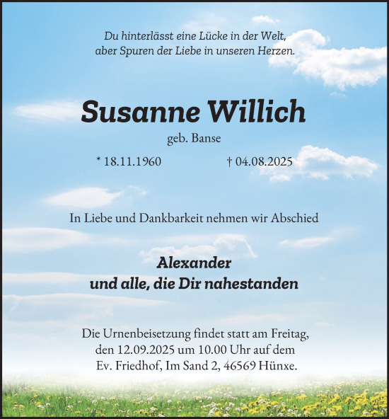 Traueranzeige von Susanne Willich von Tageszeitung