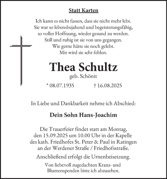 Traueranzeige von Thea Schultz von Tageszeitung
