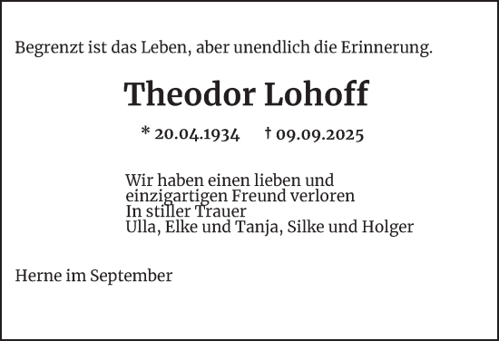 Traueranzeige von Theodor Lohoff von Tageszeitung