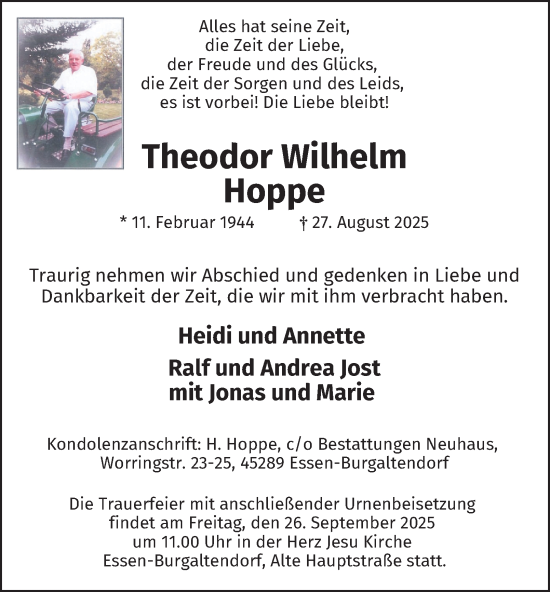 Traueranzeige von Theodor Wilhelm Hoppe von Tageszeitung