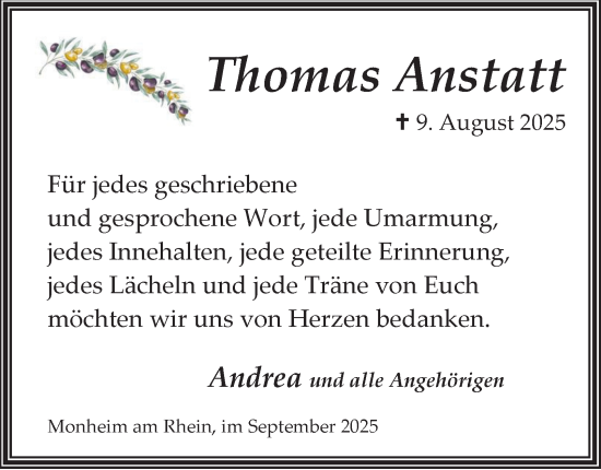 Traueranzeige von Thomas Anstatt von Tageszeitung