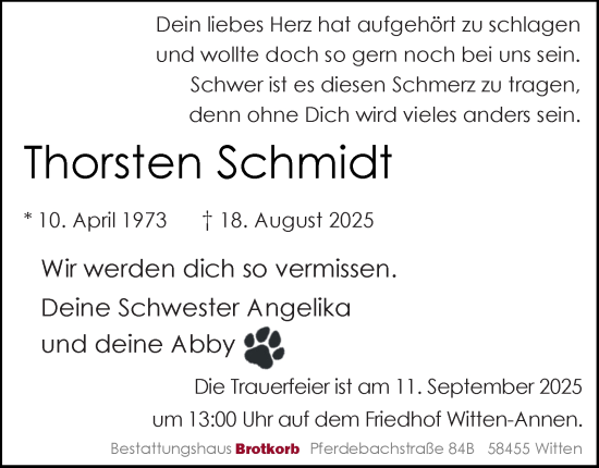 Traueranzeige von Thorsten Schmidt von Tageszeitung