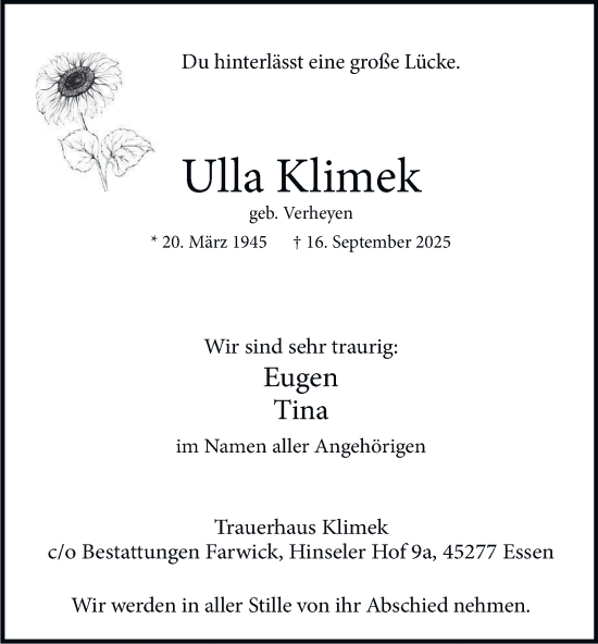 Traueranzeige von Ulla Klimek von Tageszeitung