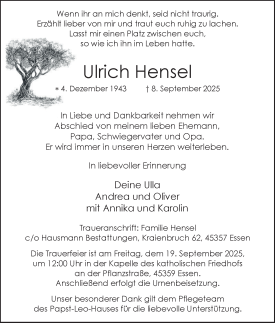 Traueranzeige von Ulrich Hensel von Tageszeitung