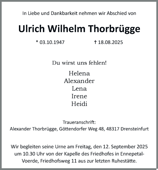 Traueranzeige von Ulrich Wilhelm Thorbrügge von Tageszeitung